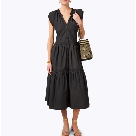 BROCHU WALKER Santorini Dress Black Ruffle Neck Button Front Tiered Midi Size XS - threedaughtersproperties.com BROCHU WALKER Santorini Dress Black Ruffle Neck Button Front Tiered Midi Size XS - threedaughtersproperties.com